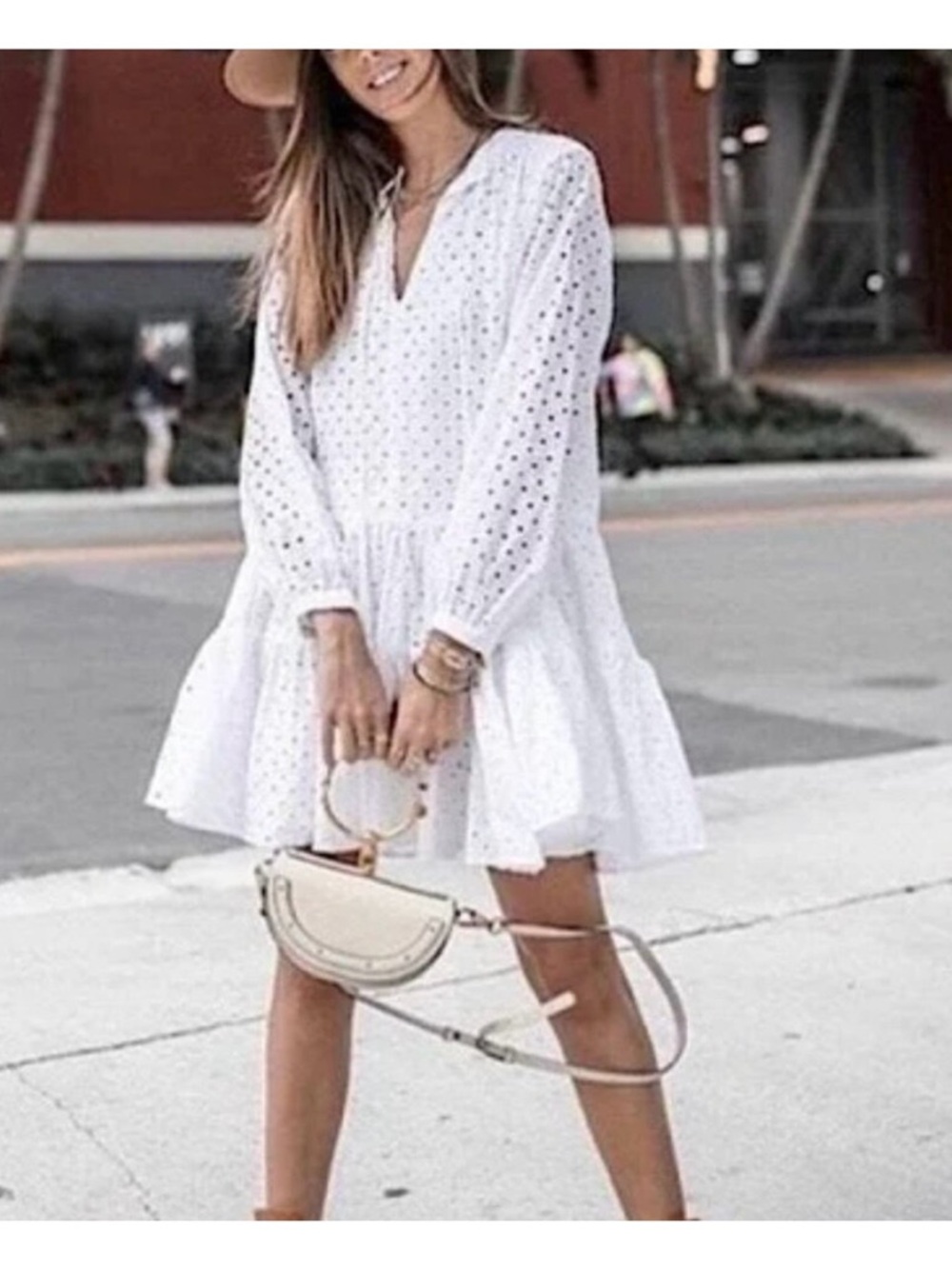 J Crew Women's White Eyelet V-Neck Tiered Mini Dress